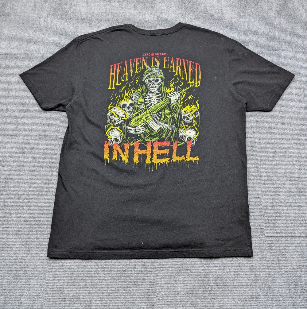 Zero Foxtrot Graphic Shirt Mens XL Heaven Is Earned In Hell Military Skull Flame